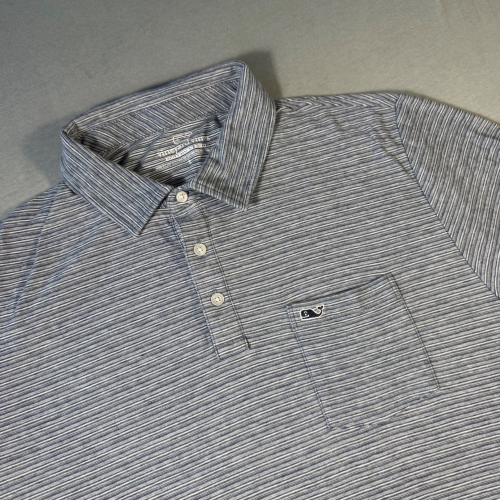 Vineyard Vines Mens Edgartown Polo Shirt Blue White Striped Pocket Large